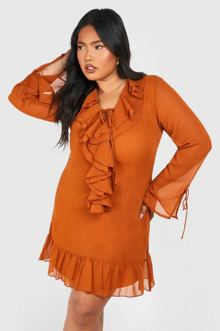 Plus Woven Ruffle Detail Long Sleeve Shift Dress - almond - 2