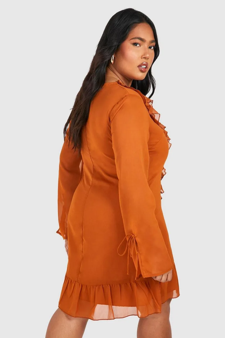 Plus Woven Ruffle Detail Long Sleeve Shift Dress - almond - 1