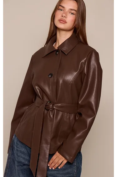 Chocolate Faux Leather Tie Waist Jacket