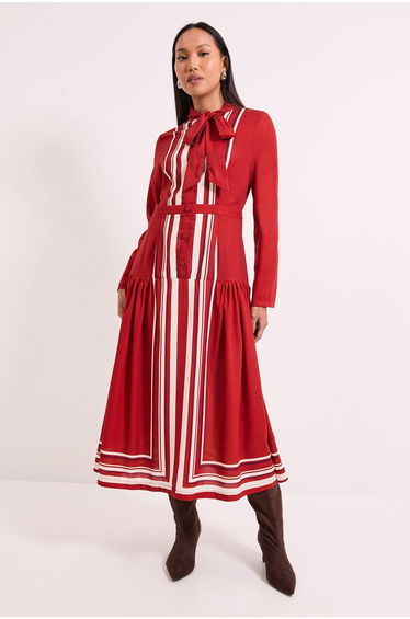 Placement Print Tie Neck Yolk Detail Crepe Midi Dress