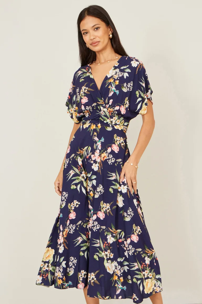 Yumi Navy Viscose Floral Print Midi Dress With Ruched Waist - 4