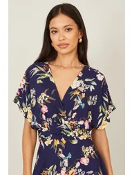 Yumi Navy Viscose Floral Print Midi Dress With Ruched Waist - 1
