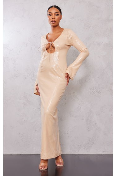 Tall Nude Long Sleeve Sequin Maxi Dress