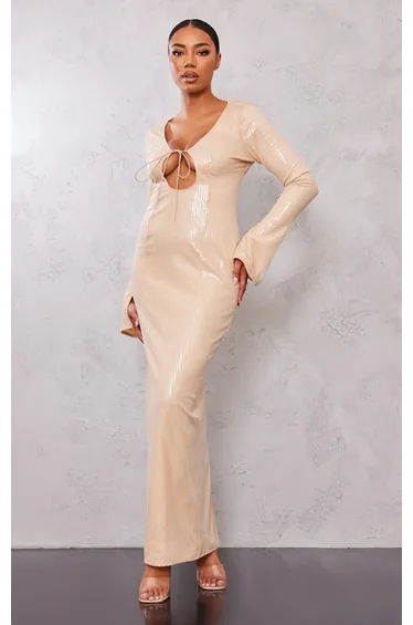 Tall Nude Long Sleeve Sequin Maxi Dress