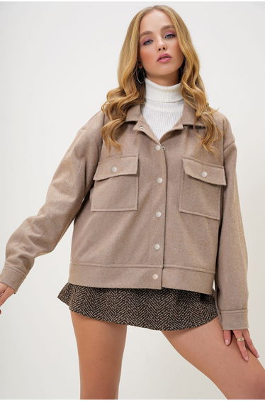 Women's Beige Lined Double Pocket Cashmere Jacket