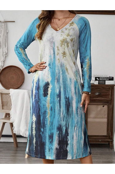 Women Watercolor Print Long Sleeve Midi Dress