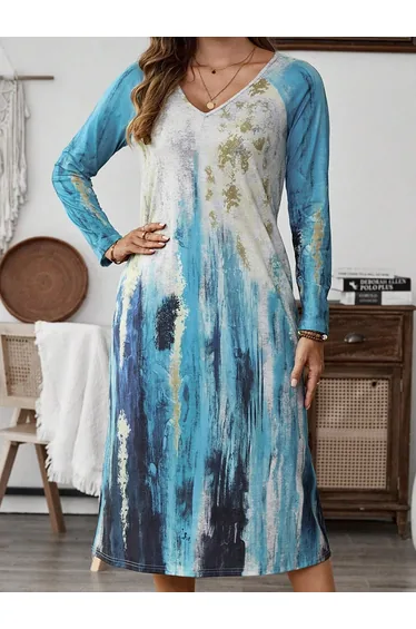 Women Watercolor Print Long Sleeve Midi Dress