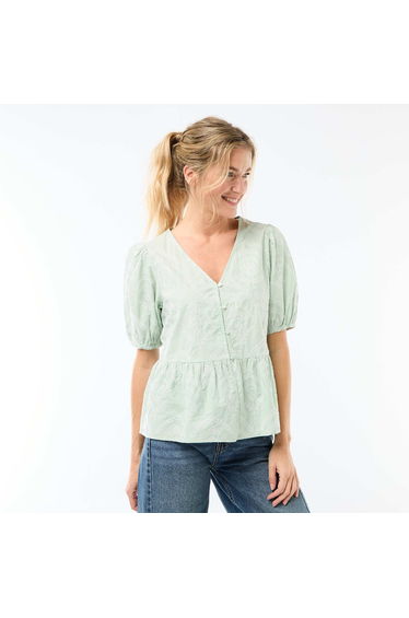 Embroidered Blouse with Ruffled Hem GREEN
