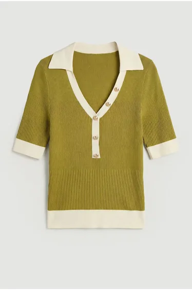 Knit Rib With Contrast Hem Detail Collared Short Sleeve Top