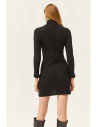 Women's Black Full Turtleneck Thick Ribbed Mini Dress - 3
