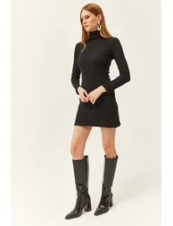 Women's Black Full Turtleneck Thick Ribbed Mini Dress - 1
