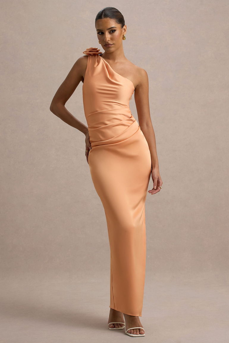 Janette | Peach Satin One-Shoulder Split Maxi Dress With Corsage Club L  London Orange : Premium Dresses : VogaCloset Bahrain
