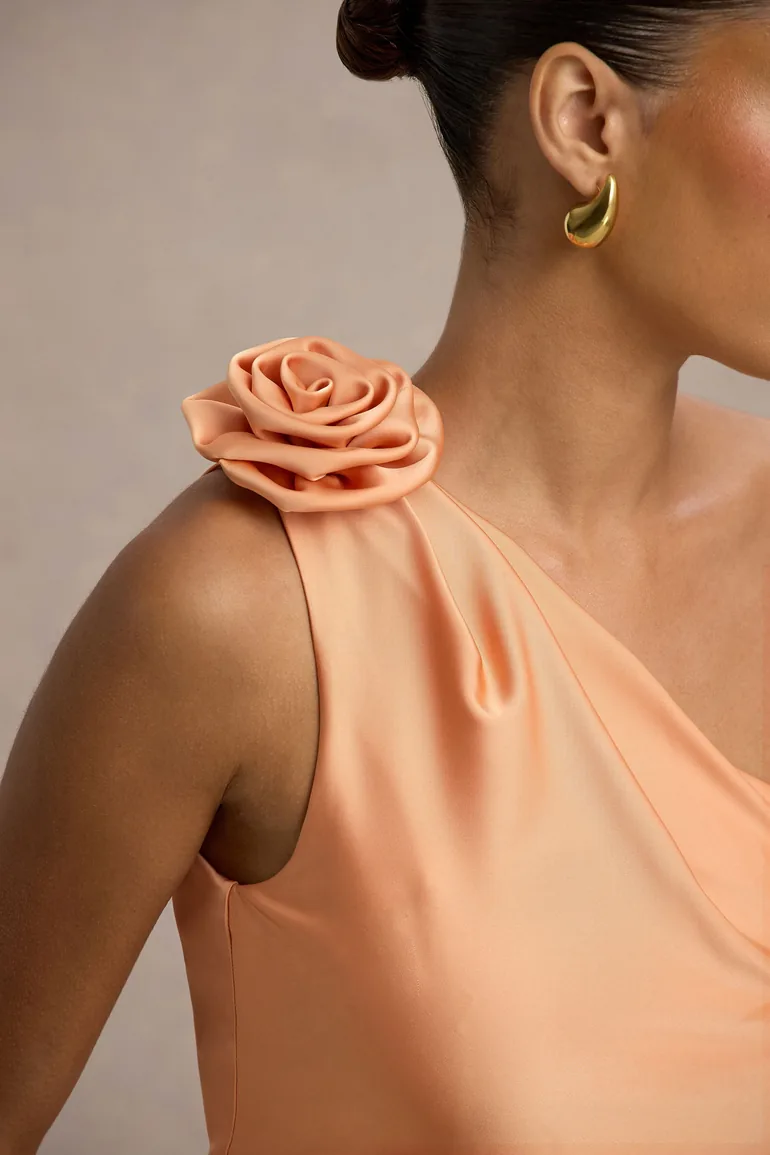 Janette | Peach Satin One-Shoulder Split Maxi Dress With Corsage Club L London Orange : Premium Dresses : VogaCloset Bahrain Janette | Peach Satin One-Shoulder Split Maxi Dress With Corsage Club L London Orange : Premium Dresses : VogaCloset Bahrain