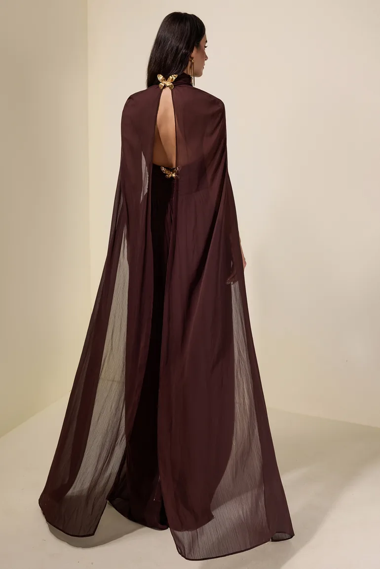 Chiffon High Neck Cape Sleeve Maxi Dress JardinVue Brown : Evening Dresses  : VogaCloset Oman