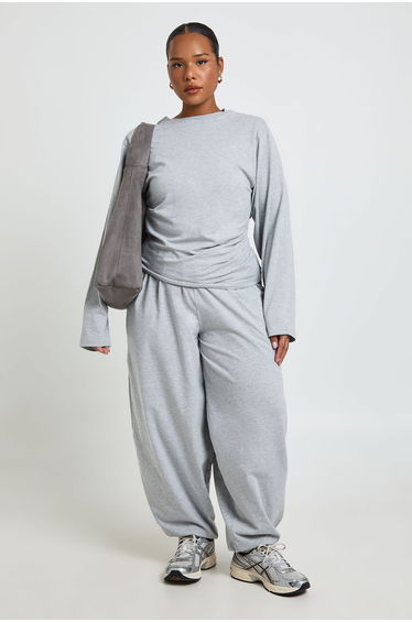 Plus Shoulder Pad Ruched Side Long Sleeve Top - grey marl