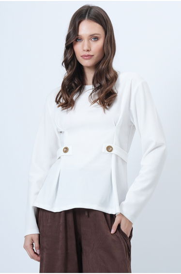 Women's Ecru Wide Collar Blouse with Pin and Button Detail