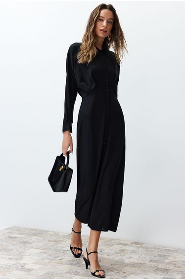 Black Waist Detailed Woven Shirt Dress