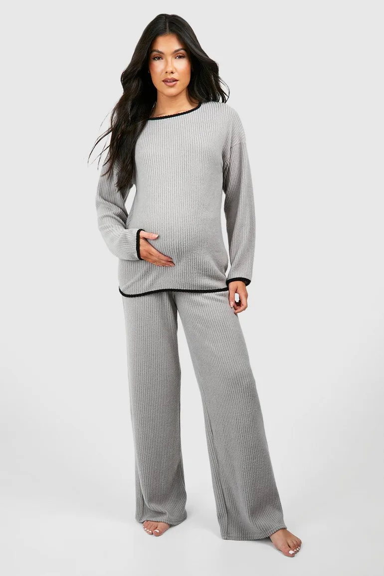 Maternity Contrast Soft Rib Loungewear Set - grey