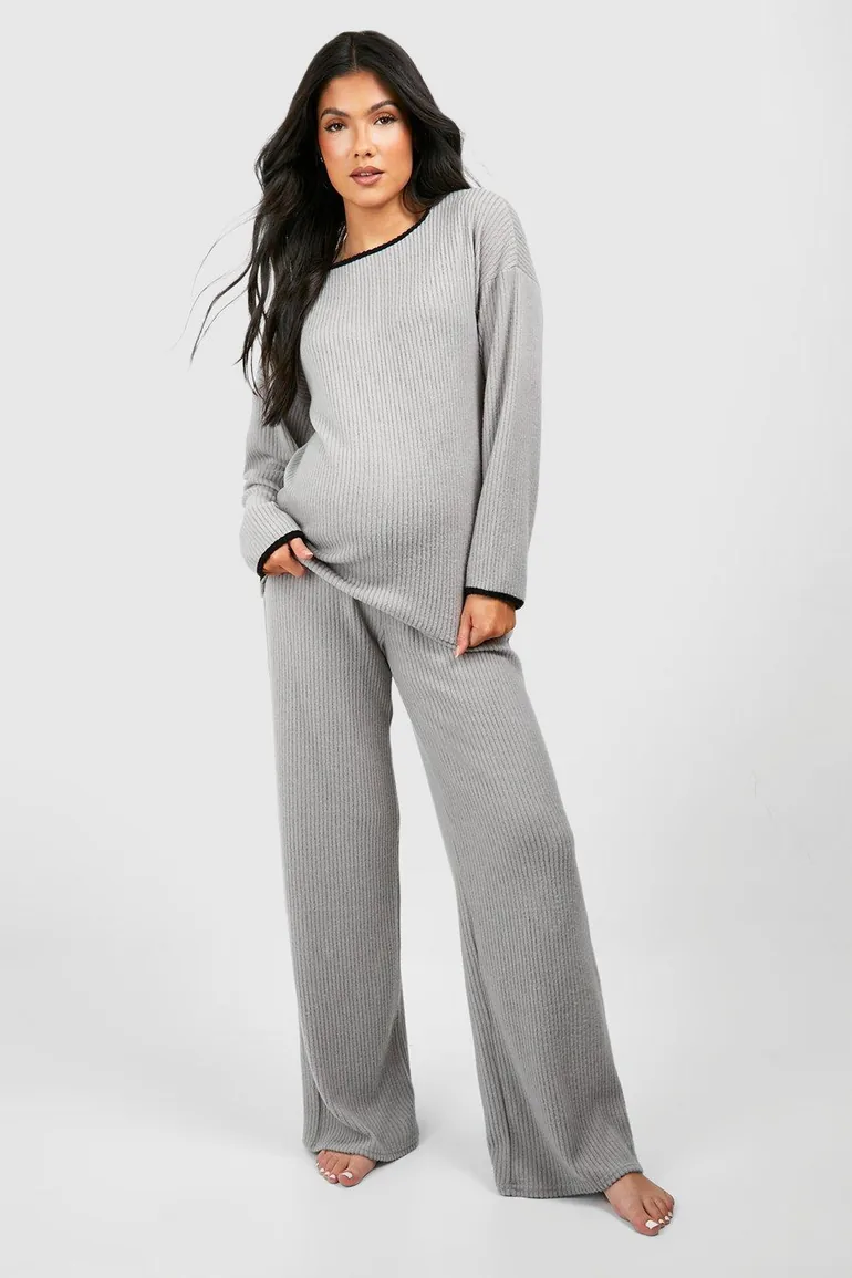 Maternity Contrast Soft Rib Loungewear Set - grey - 2