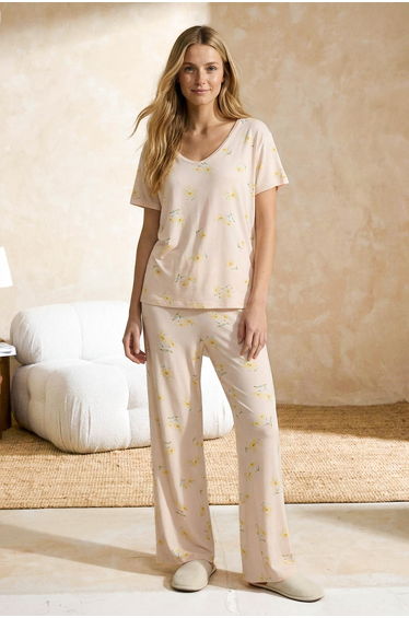 Salmon Floral Viscose Single Jersey Knitted Pajama Set