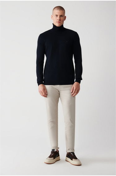 Navy Blue Knitwear Sweater Full Turtleneck Non Pilling Regular Fit