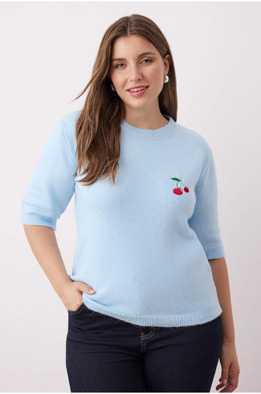 Baby Blue Cherry Embroidered Thin Knit Sweater