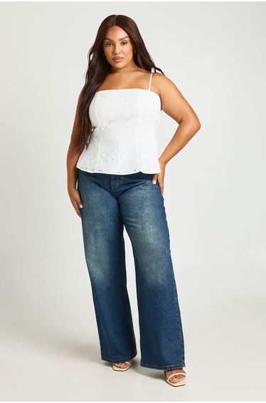 Plus Spaghetti Strap Broderie Peplum Top - white
