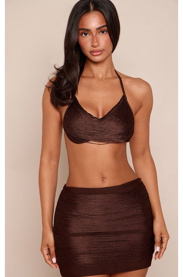Petite Chocolate Fringe Drape Front Bandage Bralette Top Co-ord