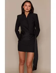 Black Woven Collarless Satin Drape Blazer - 5