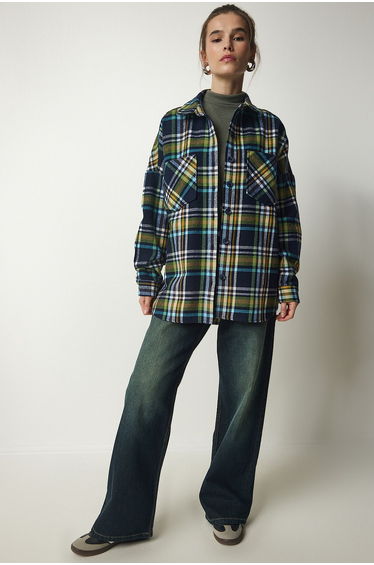 Women's Navy Blue Green Patterned Oversize Cachet Lumberjack Shirt