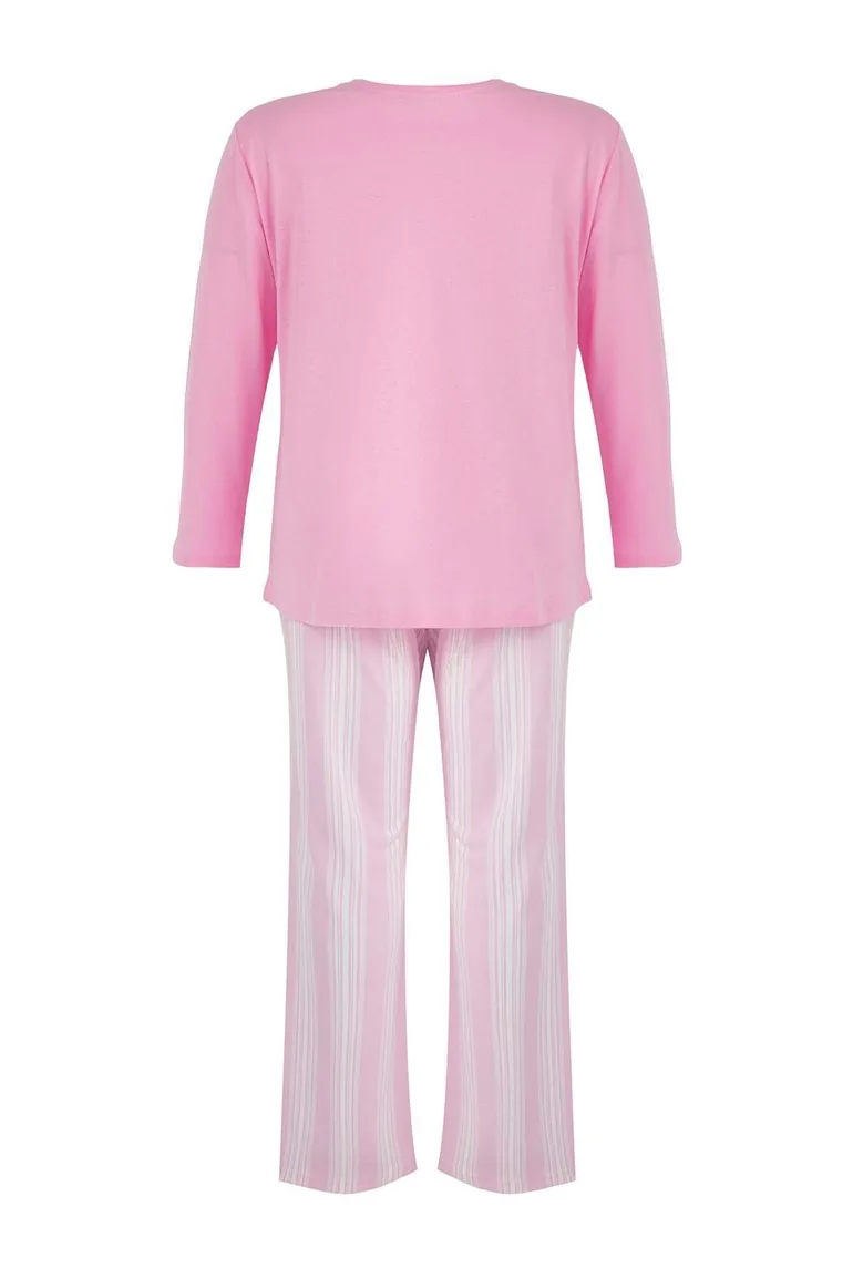 Pink 100% Cotton Striped Knitted Plus Size Pajama Set - 2