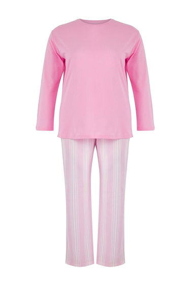 Pink 100% Cotton Striped Knitted Plus Size Pajama Set