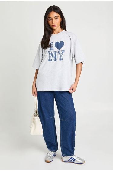 I Heart NY Check Printed T-Shirt - ash grey