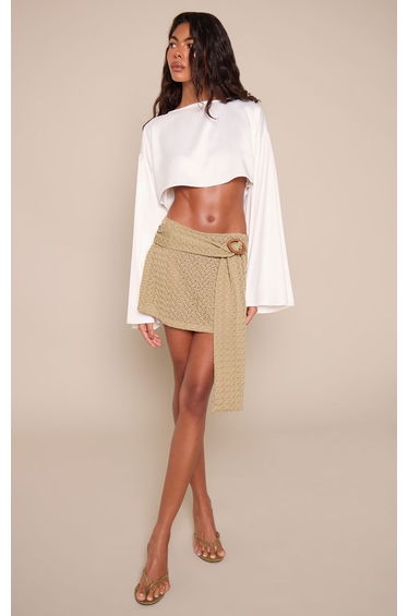 Khaki Textured Trim Drape Detail Mini Skirt