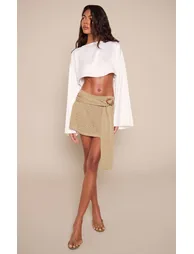 Khaki Textured Trim Drape Detail Mini Skirt
