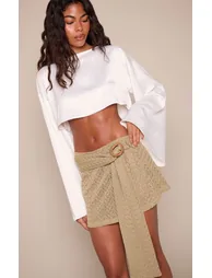 Khaki Textured Trim Drape Detail Mini Skirt - 2