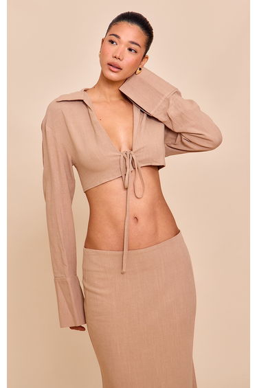 Sand Linen-Blend Tie Front Cropped Shirt