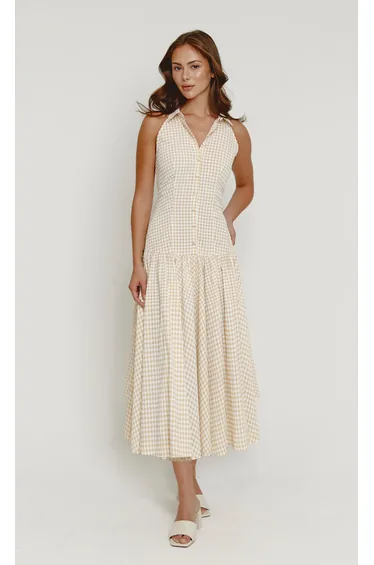 Lemon Gingham Drop Waist Midaxi Dress