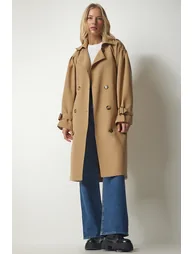 Women's Camel Double-breasted Collar Belted Trench Coat