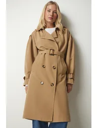 Women's Camel Double-breasted Collar Belted Trench Coat - 1