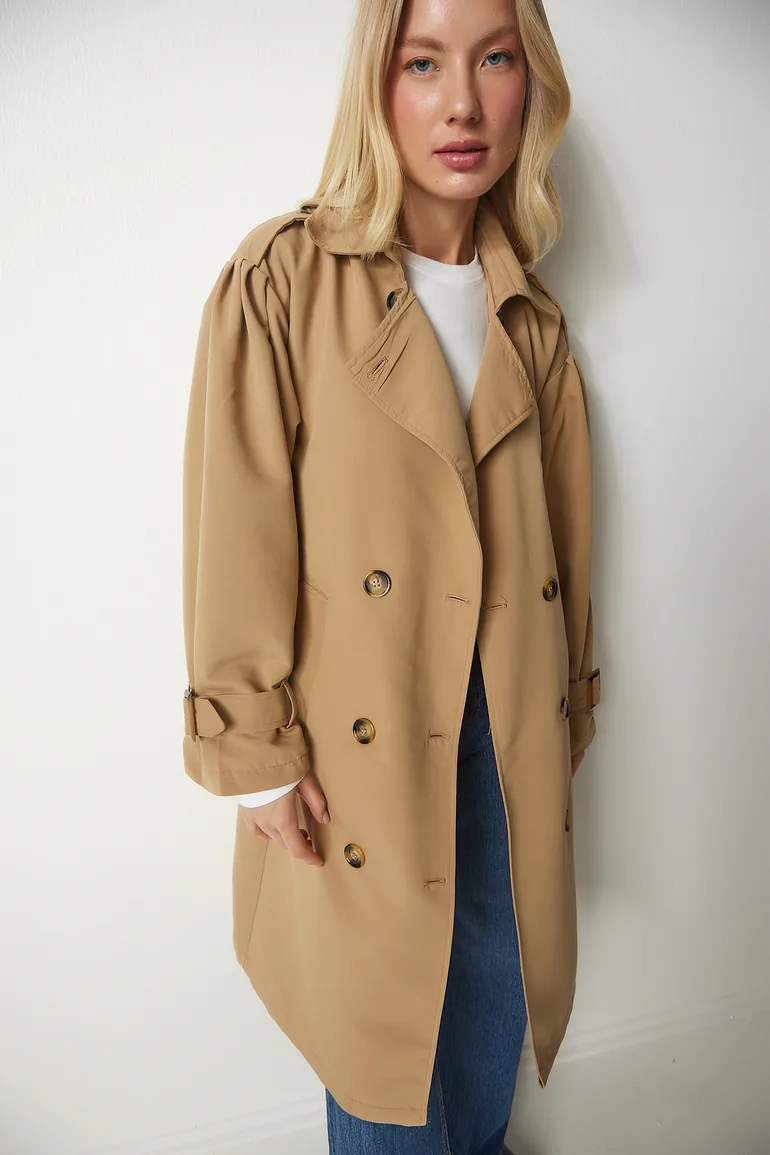 Women's Camel Double-breasted Collar Belted Trench Coat - 2