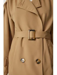 Women's Camel Double-breasted Collar Belted Trench Coat - 4