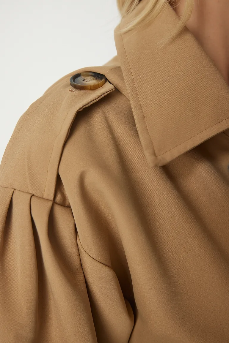 Women's Camel Double-breasted Collar Belted Trench Coat - 6