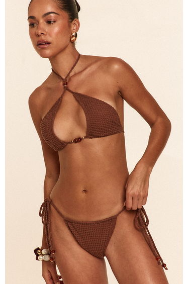 Mocha Crochet Bead Trim String Tie Side Bikini Bottoms