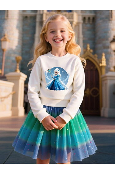 Girls Princess Graphic Printed Sweatshirt with Mesh Skirt Set