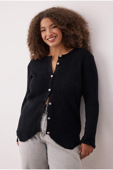 Black Crew Neck Jacket-Look Knitwear Cardigan