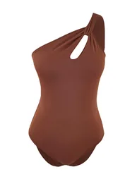Brown One-Shoulder Cut Out Detailed Covered Regular Swimsuit