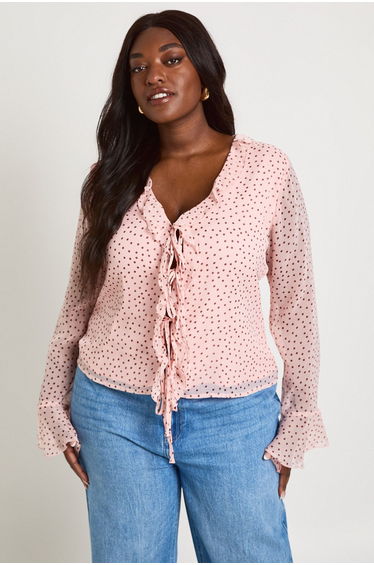 Plus Polka Dot Chiffon Ruffle Blouse - pink