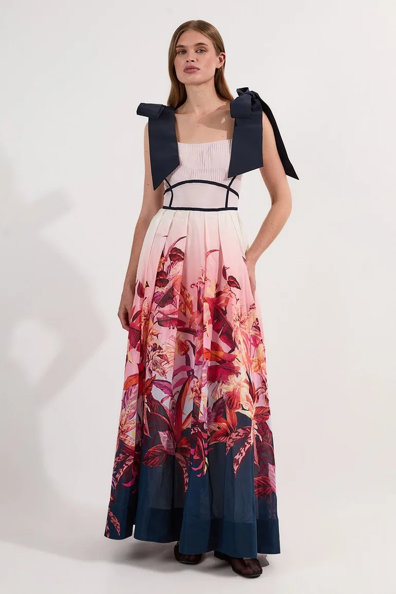Tropical Floral Silk Cotton Woven Strappy Woven Maxi Dress