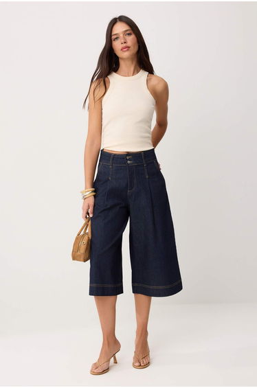 Dark Blue High Waist Wide Leg Capri Jeans